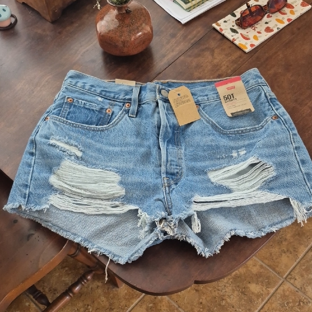 Levi's Distressed Light Blue 501 Denim Cutoff Shorts-Retail:$75